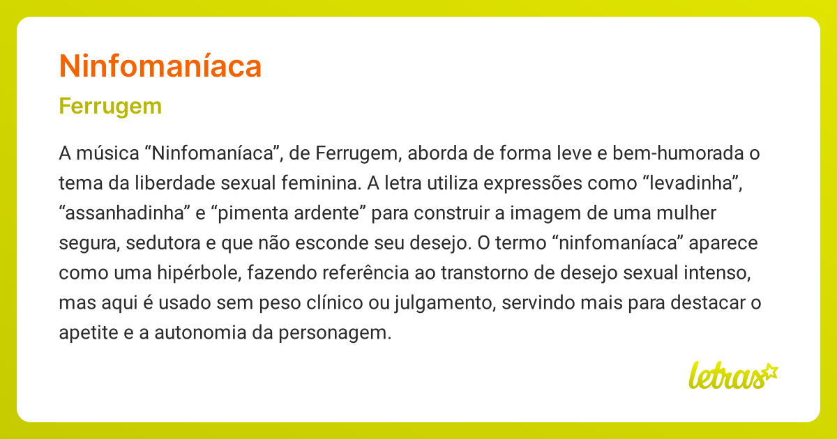 Significado da música NINFOMANÍACA (Ferrugem) - LETRAS.MUS.BR