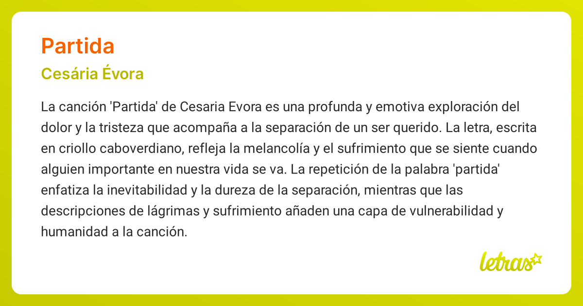 Significado de la canción PARTIDA (Cesária Évora) - LETRAS.COM