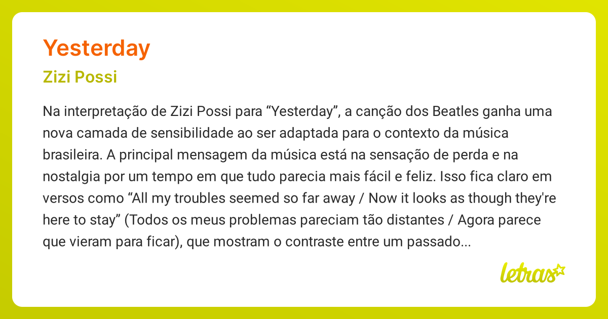 Lyricページです♥️ Significado da música YESTERDAY (Zizi Possi) - LETRAS.MUS.BR