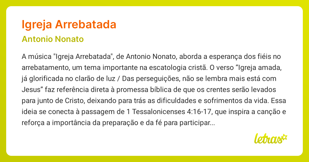 Significado da música IGREJA ARREBATADA (Antonio Nonato) - LETRAS.MUS.BR