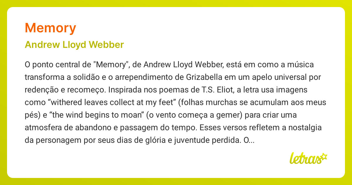 Significado da música MEMORY (Andrew Lloyd Webber) - LETRAS.MUS.BR