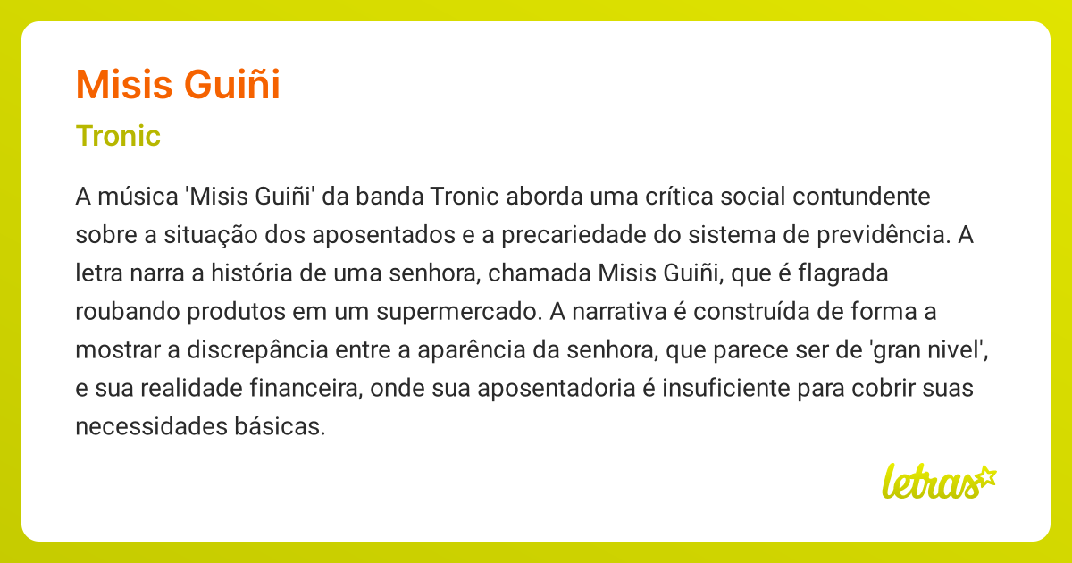 Significado da música MISIS GUIÑI (Tronic) - LETRAS.MUS.BR