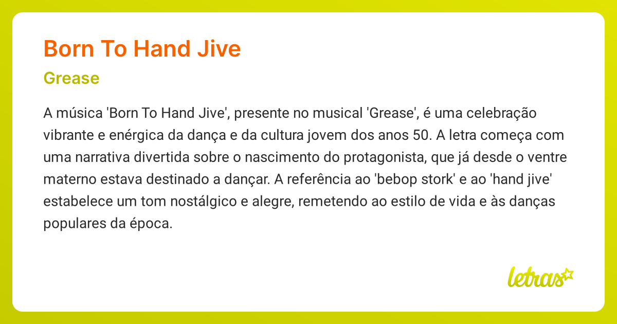 Significado da música BORN TO HAND JIVE (Grease) LETRAS.MUS.BR