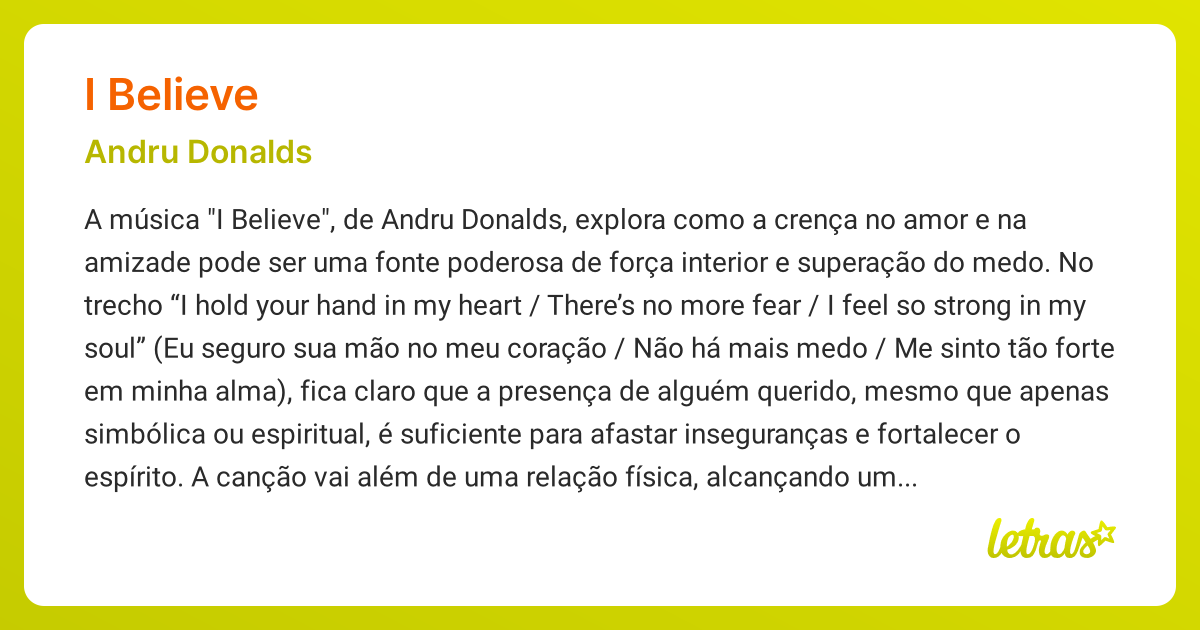 Significado da música I BELIEVE (Andru Donalds) - LETRAS.MUS.BR