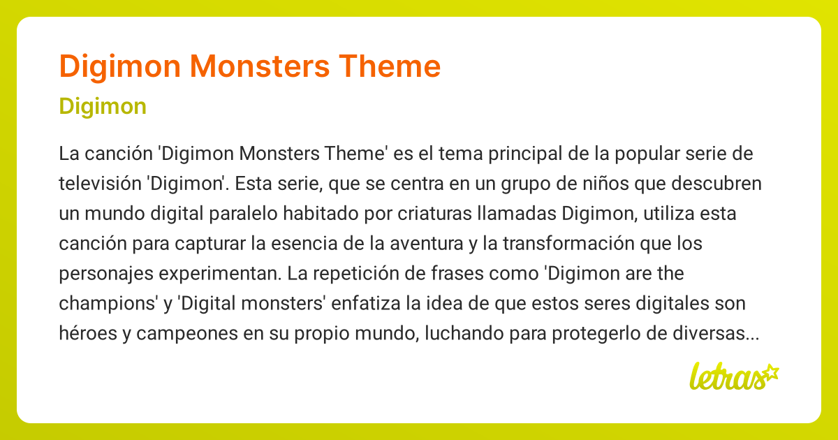 Significado de la canción DIGIMON MONSTERS THEME (Digimon) - LETRAS.COM
