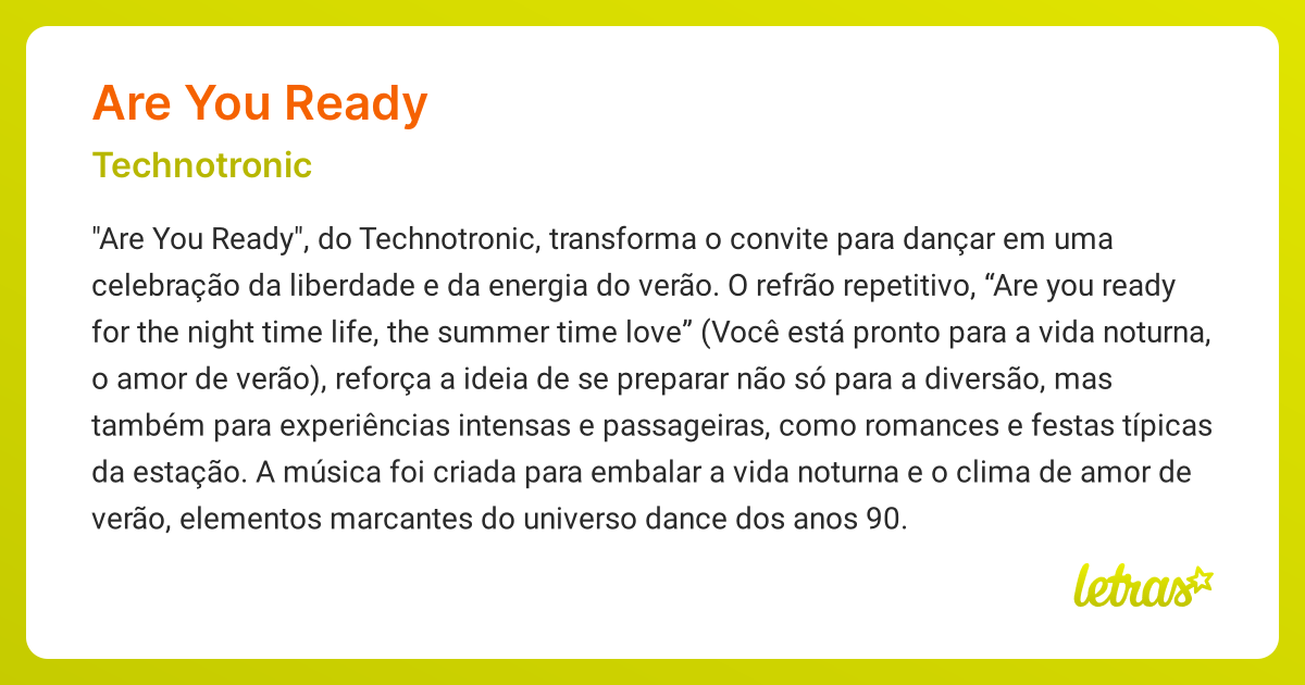 Significado da música ARE YOU READY (Technotronic) - LETRAS.MUS.BR