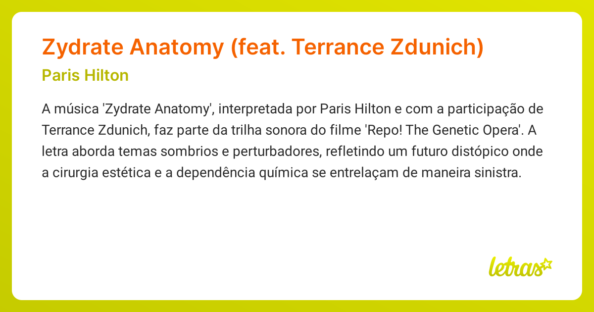 Significado da música Zydrate Anatomy (feat. Terrance Zdunich) (Paris ...