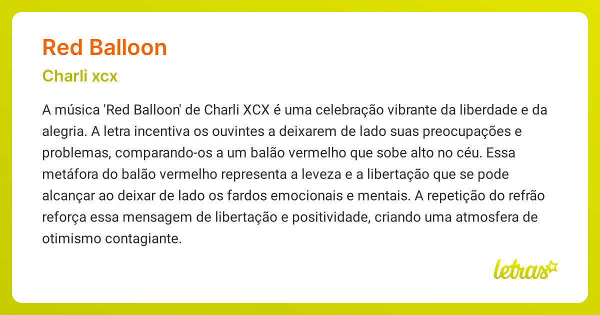 Significado da música RED BALLOON (Charli xcx) - LETRAS.MUS.BR