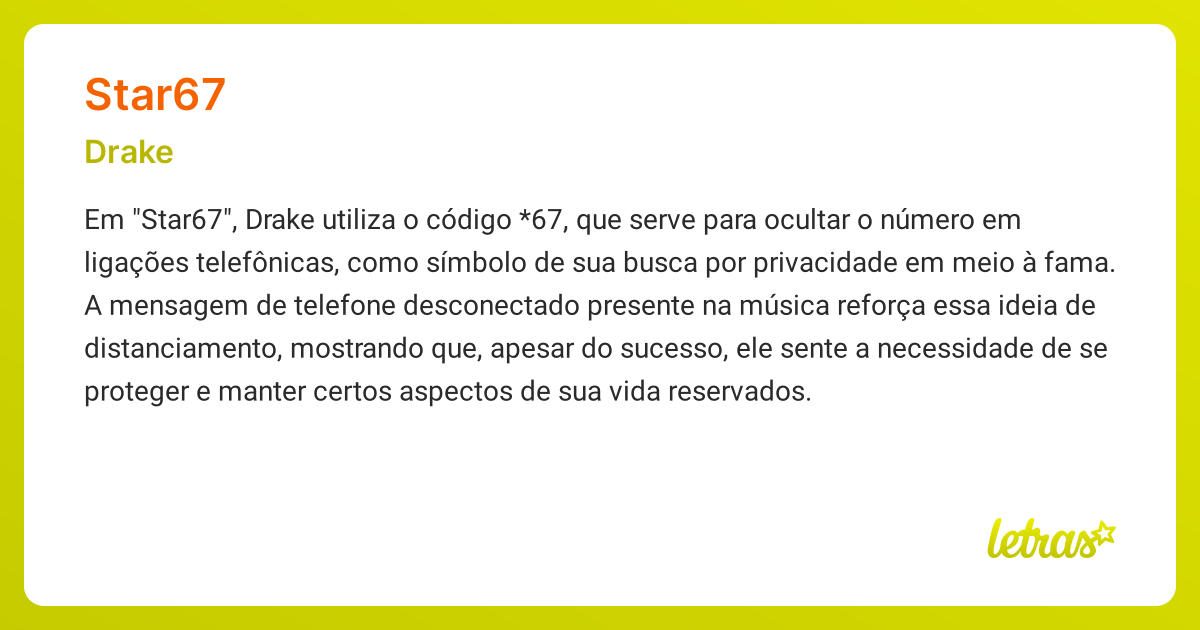 Significado da música STAR67 (Drake) - LETRAS.MUS.BR