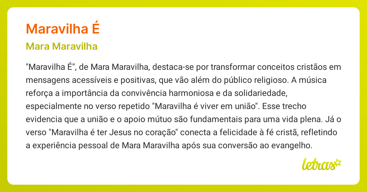 Significado da música MARAVILHA É (Mara Maravilha) - LETRAS.MUS.BR