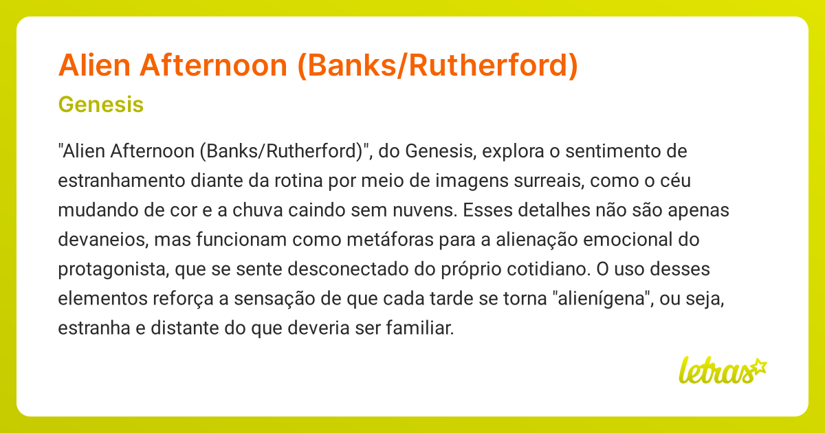 Significado da música Alien Afternoon (Banks/Rutherford) (Genesis ...