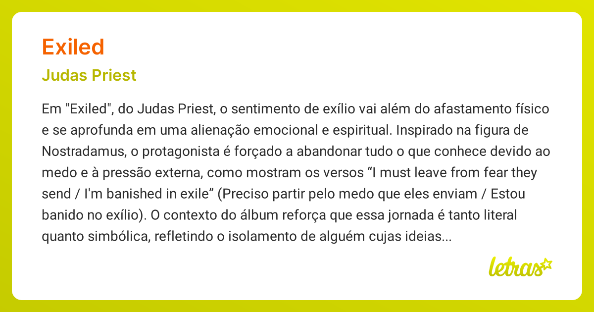Significado da música EXILED (Judas Priest) - LETRAS.MUS.BR