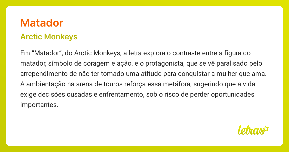 Significado da música MATADOR (Arctic Monkeys) - LETRAS.MUS.BR