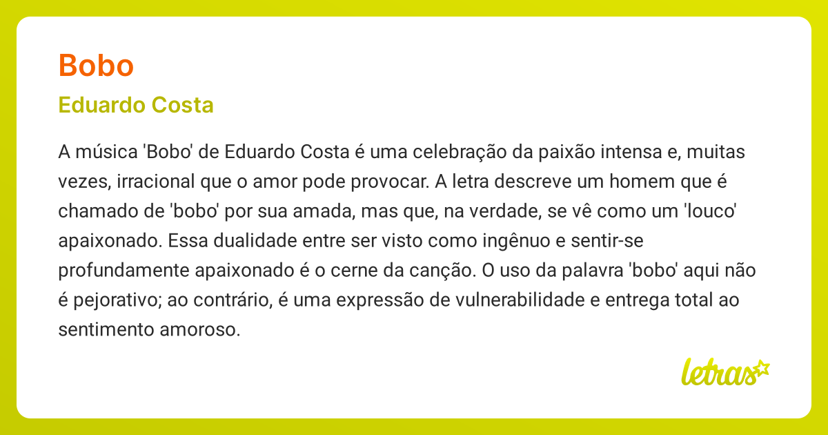 Significado da música BOBO (Eduardo Costa) - LETRAS.MUS.BR