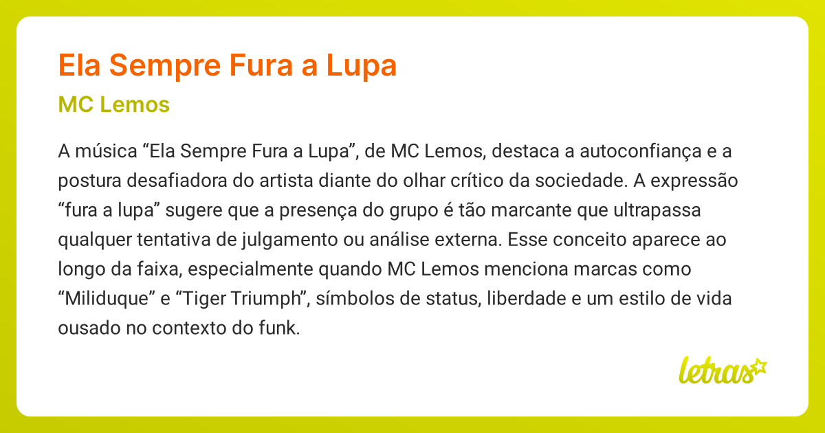 Significado da música ELA SEMPRE FURA A LUPA (MC Lemos) - LETRAS.MUS.BR