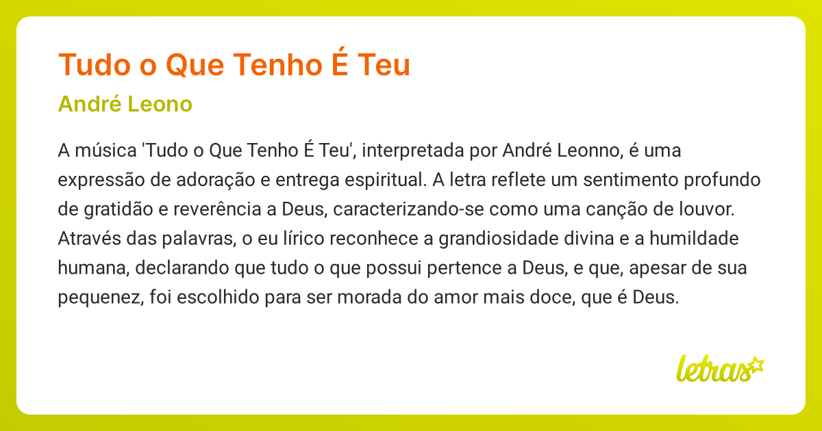 Significado da música TUDO O QUE TENHO É TEU (André Leono) - LETRAS.MUS.BR