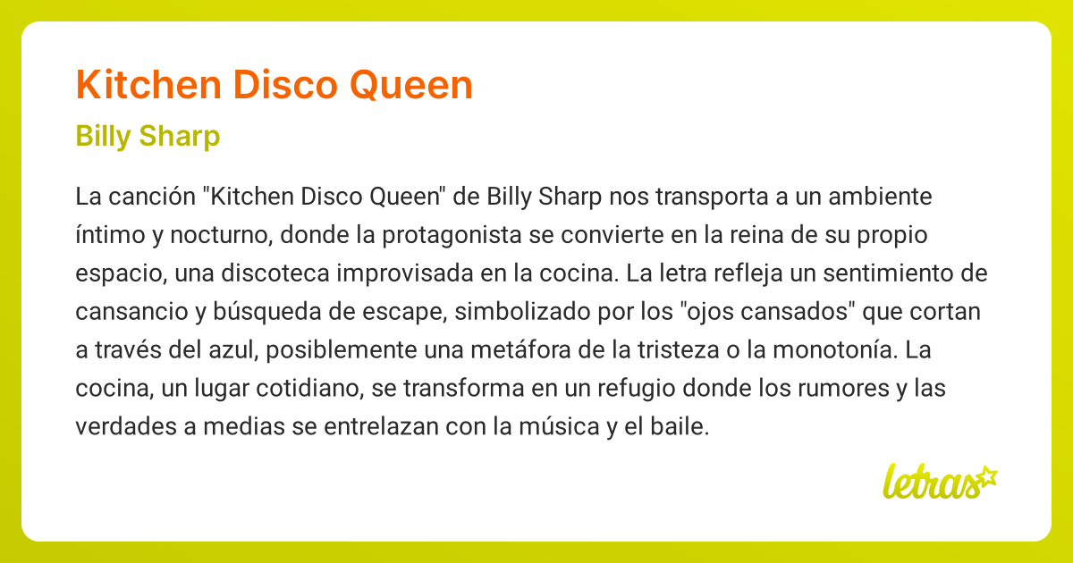 Significado de la canción KITCHEN DISCO QUEEN (Billy Sharp) - LETRAS.COM