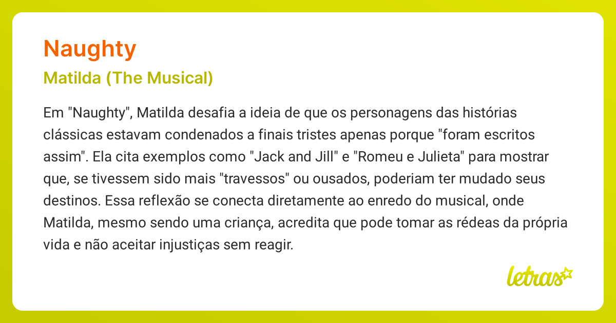 Significado da música NAUGHTY (Matilda (The Musical)) - LETRAS.MUS.BR