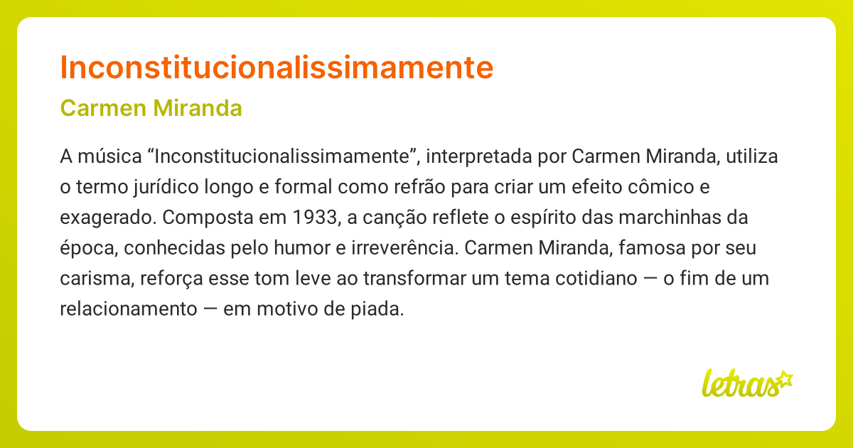 Significado da música INCONSTITUCIONALISSIMAMENTE (Carmen Miranda ...
