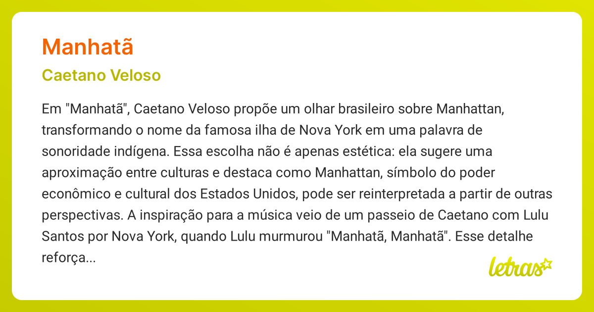 Significado da música MANHATÃ (Caetano Veloso) - LETRAS.MUS.BR