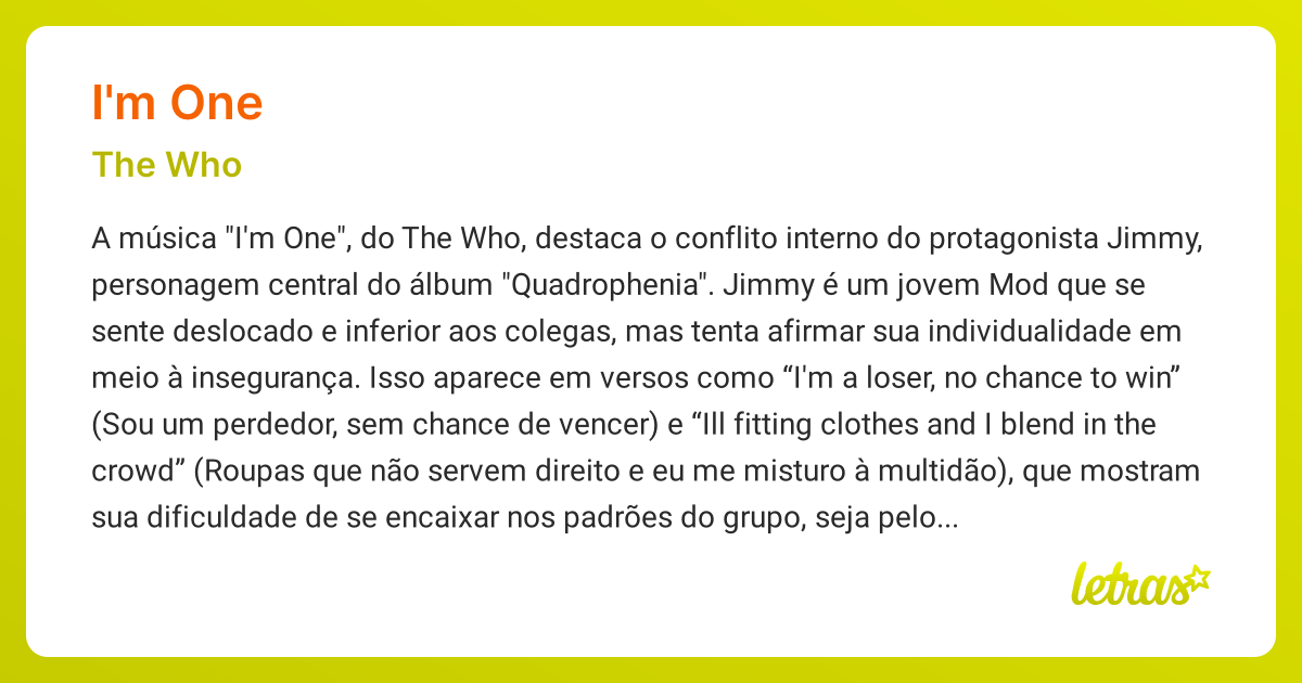 Significado da música I'M ONE (The Who) - LETRAS.MUS.BR