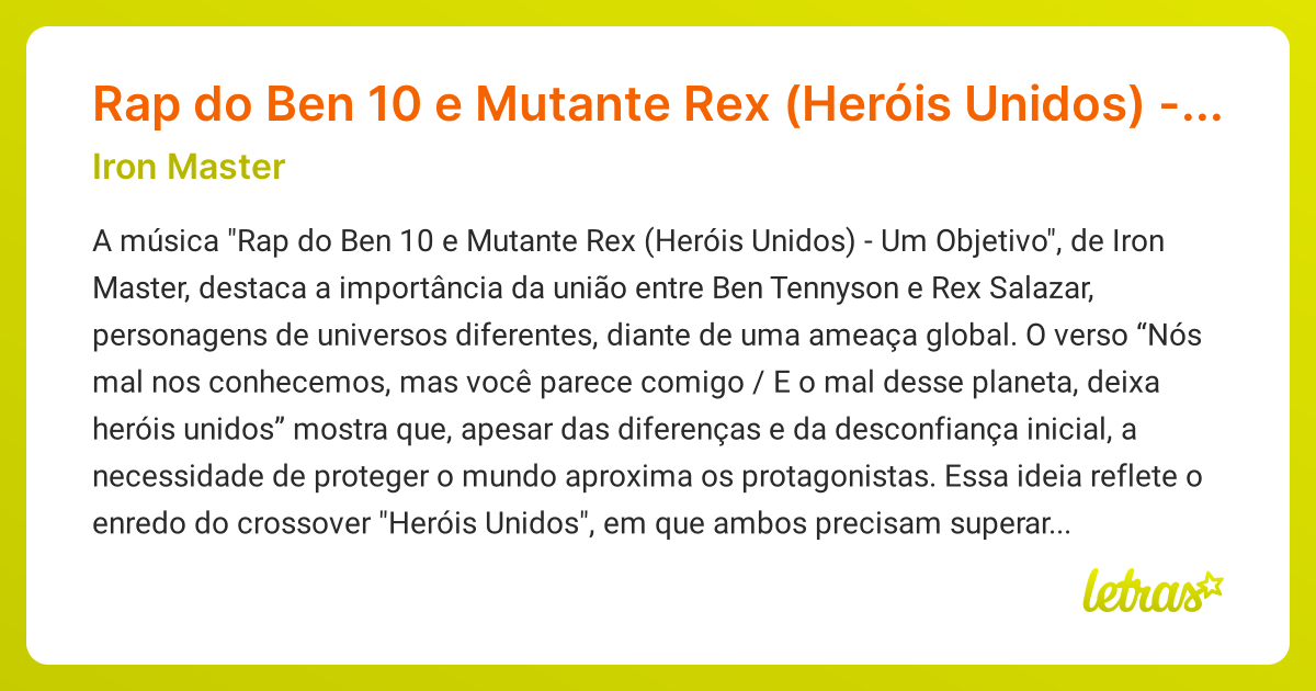 Significado da música Rap do Ben 10 e Mutante Rex (Heróis Unidos
