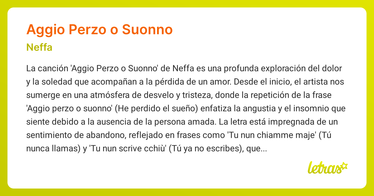 Significado de la canción AGGIO PERZO O SUONNO (Neffa) - LETRAS.COM