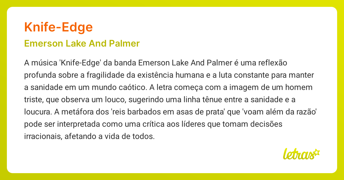 Significado da música KNIFEEDGE (Emerson Lake And Palmer) LETRAS.MUS.BR