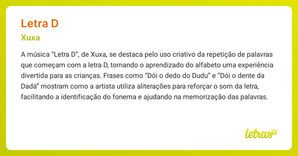 Significado da música LETRA D (Xuxa) - LETRAS.MUS.BR