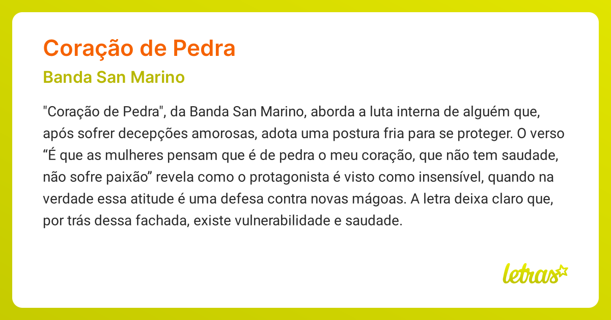 Significado da música CORAÇÃO DE PEDRA (Banda San Marino) - LETRAS.MUS.BR