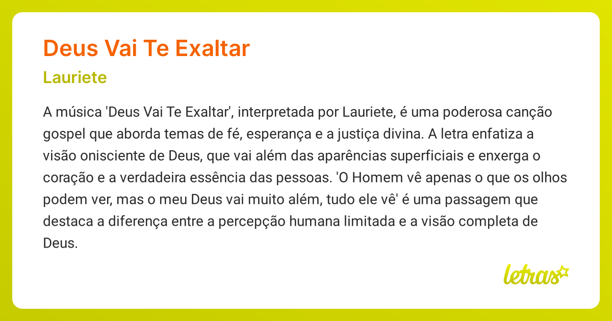 Significado da música DEUS VAI TE EXALTAR (Lauriete) - LETRAS.MUS.BR