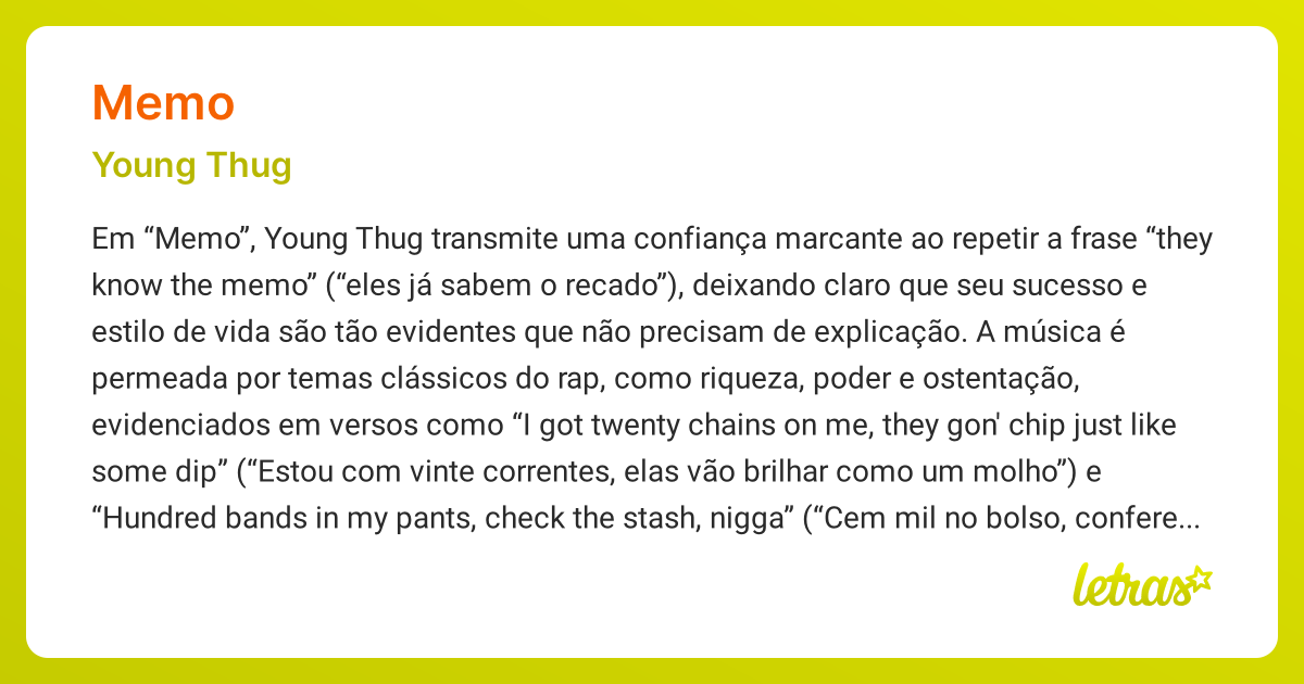 Significado da música MEMO (Young Thug) LETRAS.MUS.BR