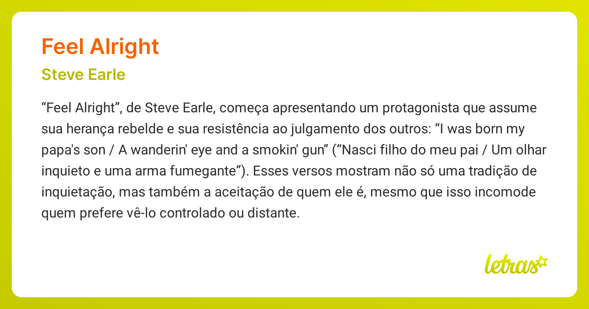 Significado da música FEEL ALRIGHT (Steve Earle) - LETRAS.MUS.BR