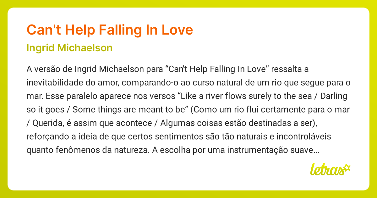 Significado da música CAN'T HELP FALLING IN LOVE (Ingrid Michaelson