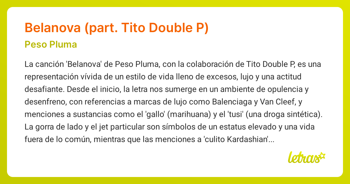Significado de la canción BELANOVA (PART. TITO DOUBLE P) (Peso Pluma ...