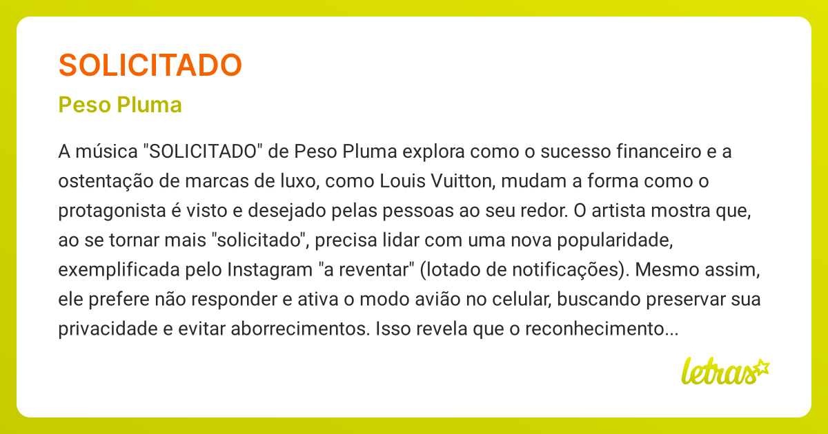 Significado da música SOLICITADO (Peso Pluma) - LETRAS.MUS.BR