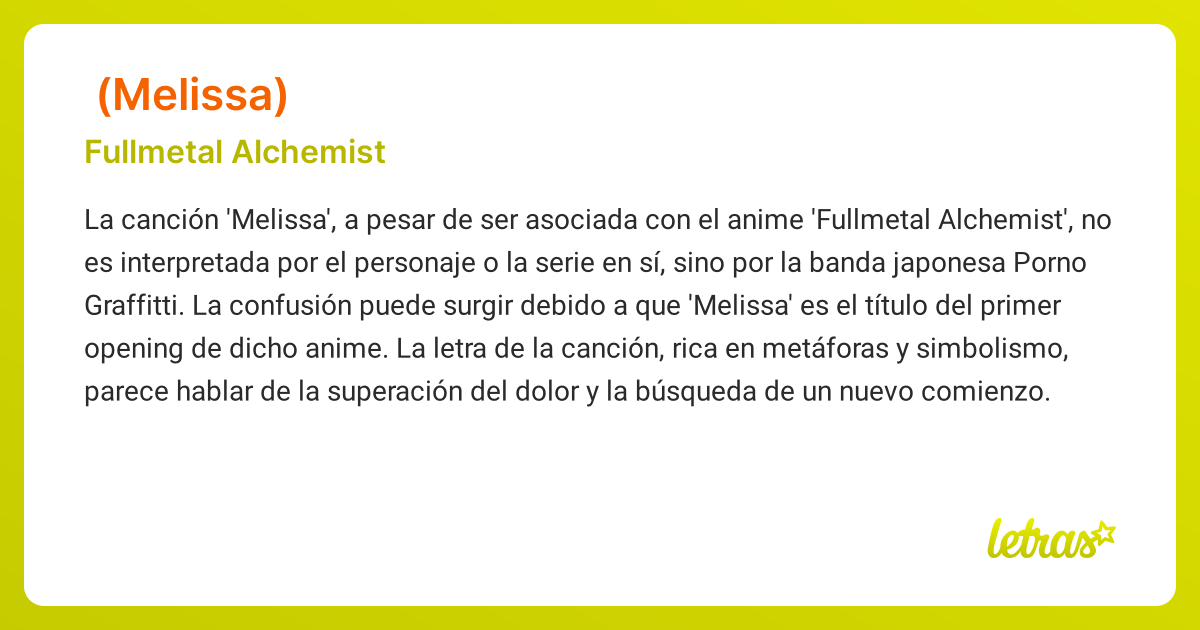 Significado de la canción メリッサ (MELISSA) (Fullmetal Alchemist) - LETRAS.COM