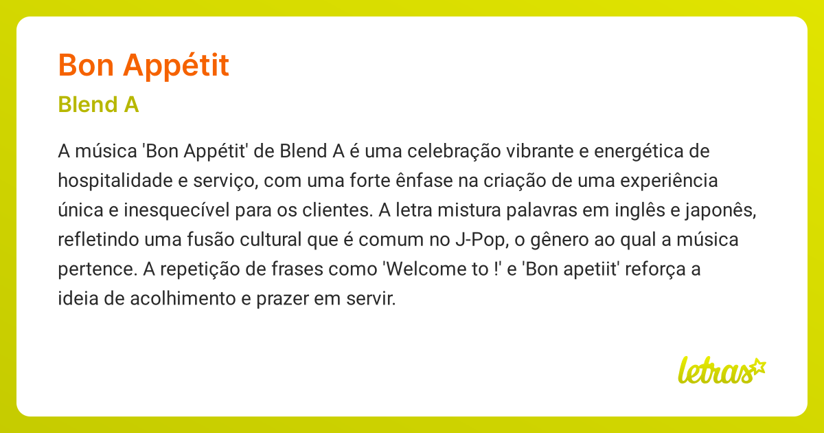 Significado da música BON APPÉTIT (Blend A) LETRAS.MUS.BR