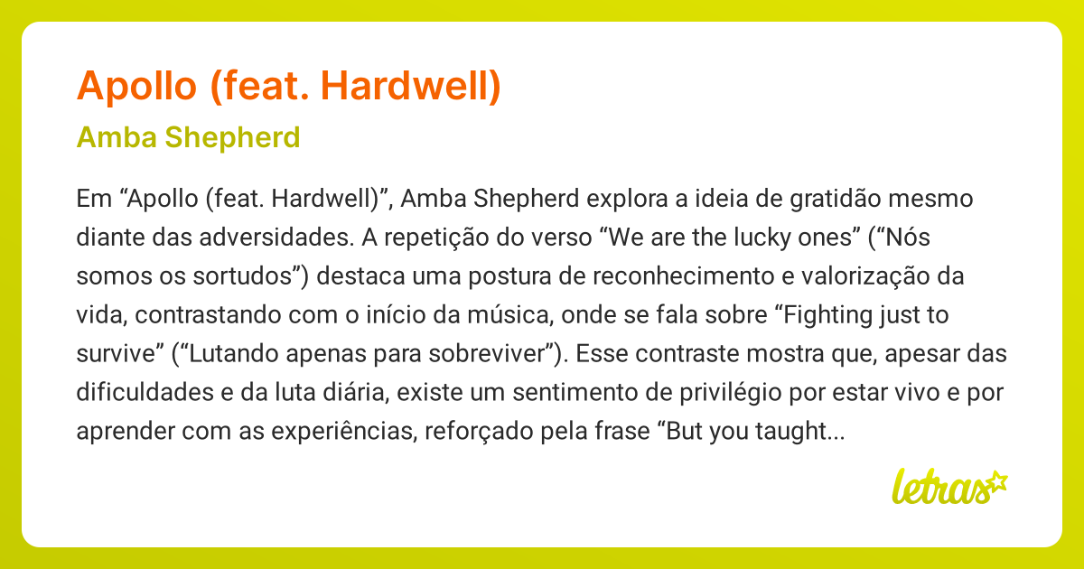 Significado da música APOLLO (FEAT. HARDWELL) (Amba Shepherd) - LETRAS ...