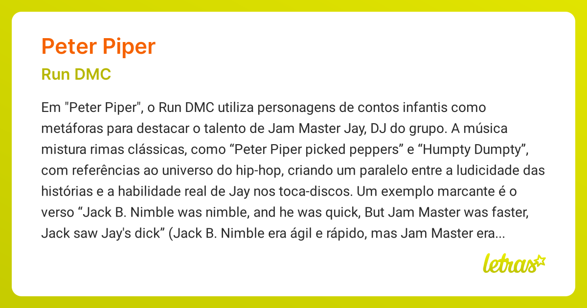 Significado da música PETER PIPER (Run DMC) - LETRAS.MUS.BR