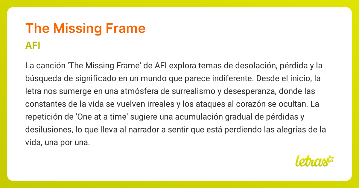 Significado de la canción THE MISSING FRAME (AFI) - LETRAS.COM