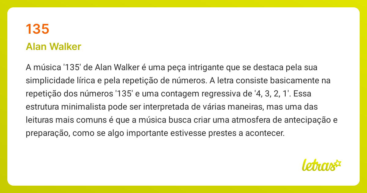Significado da música 135 (Alan Walker) - LETRAS.MUS.BR