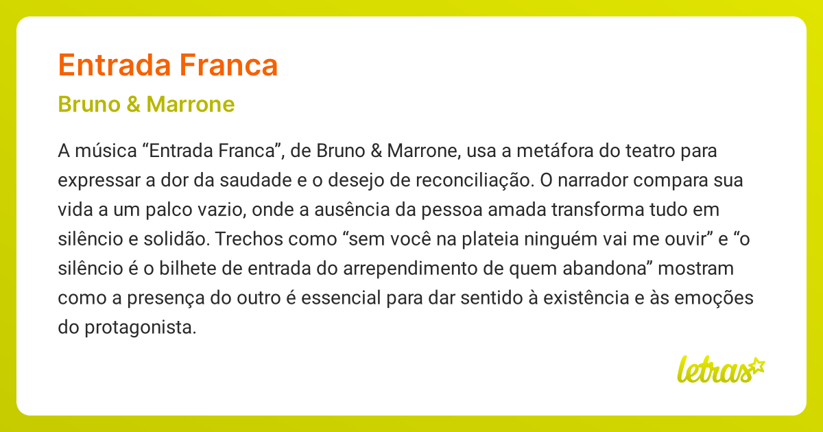 Significado da música ENTRADA FRANCA (Bruno & Marrone) - LETRAS.MUS.BR