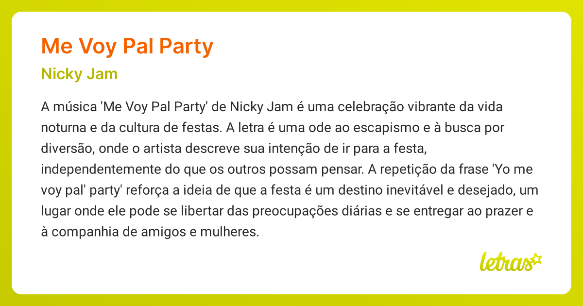 Significado da música ME VOY PAL PARTY (Nicky Jam) - LETRAS.MUS.BR
