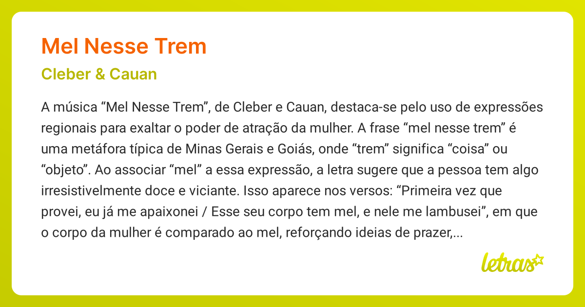 Significado da música MEL NESSE TREM (Cleber e Cauan) - LETRAS.MUS.BR