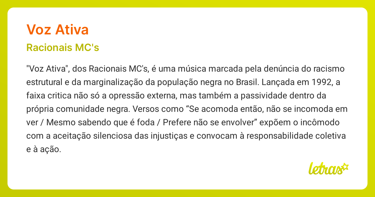 Significado da música VOZ ATIVA (Racionais MC's) - LETRAS.MUS.BR