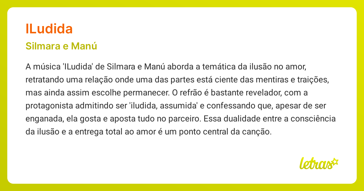 Significado da música ILUDIDA (Silmara e Manú) - LETRAS.MUS.BR
