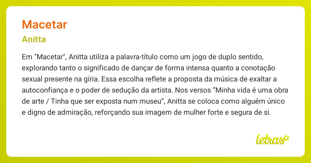 Significado da música MACETAR (Anitta) - LETRAS.MUS.BR