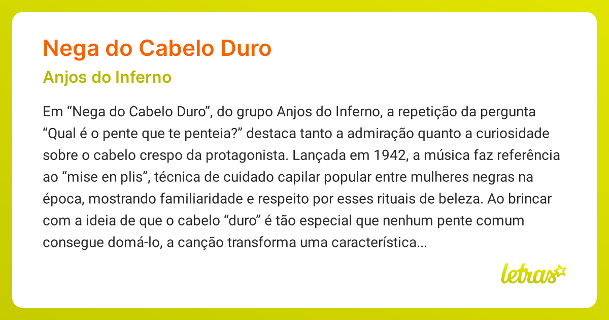 Significado da música NEGA DO CABELO DURO (Anjos do Inferno) - LETRAS ...