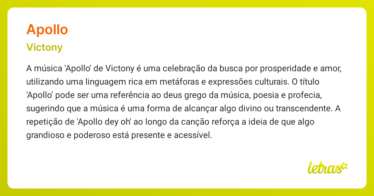 Significado da música APOLLO (Victony) - LETRAS.MUS.BR